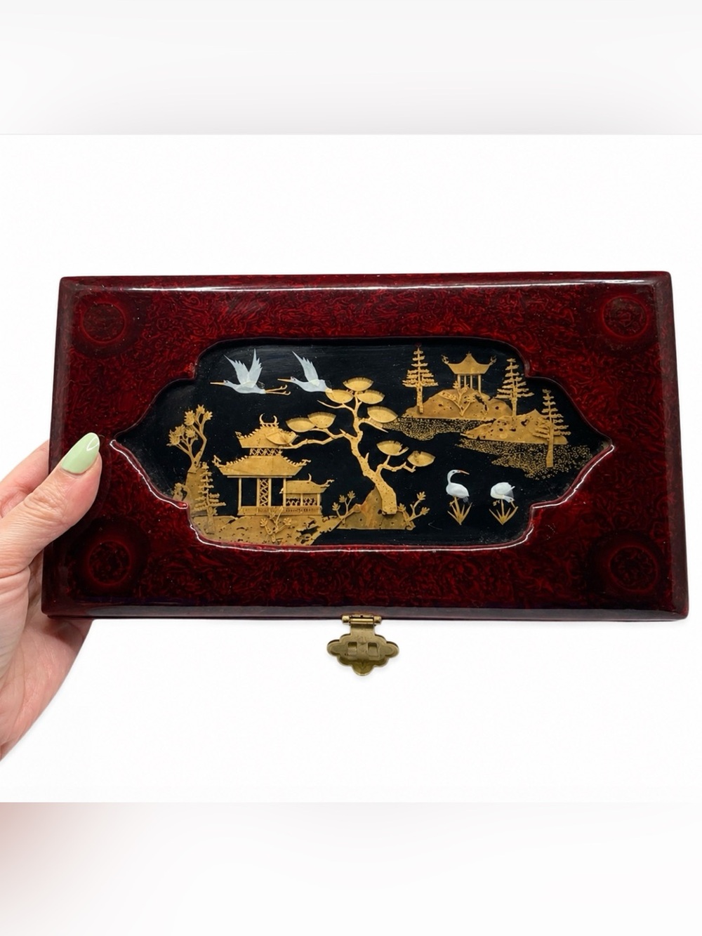 Chinese Pagoda Crane 3D Handcrafted Cork Scene Lacquered Jewelry Decor Box